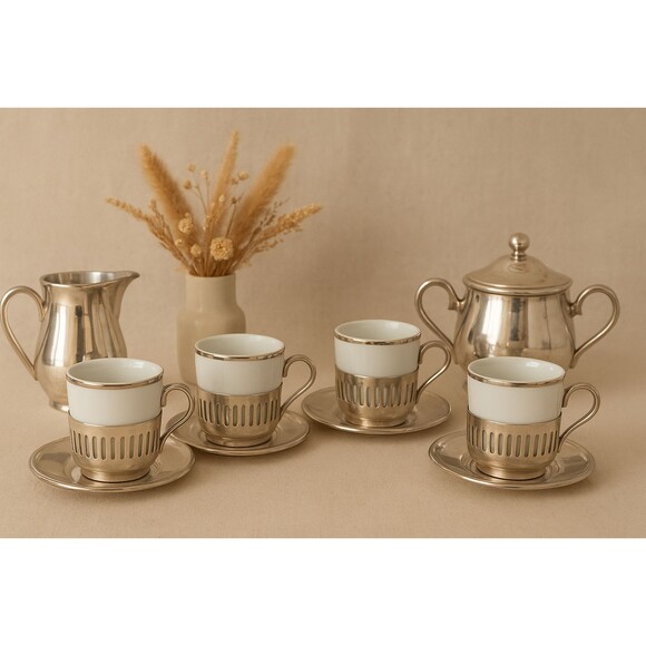 Vintage Bellini Demitasse Cup Set with Silver Holders – 4pc, 1980s Espresso Cups - Picture 1 of 12